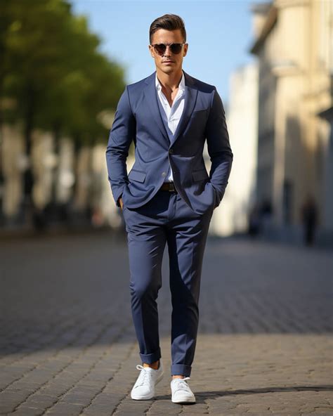 navy suit with white shoes